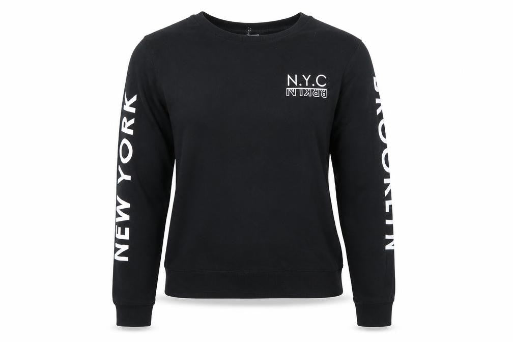 Front view of H&M Divided women’s black nyc brooklyn pullover sweatshirt m