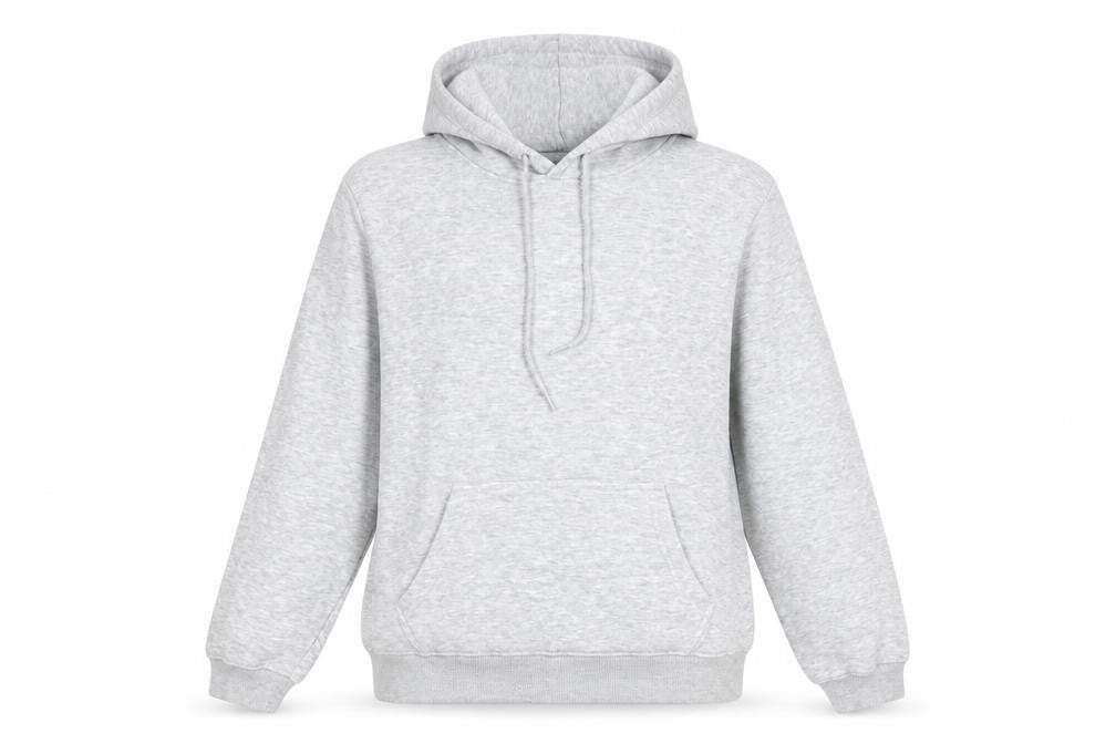 Front view of PRETTYLITTLETHING Women’s Grey Pullover Hoodie, size M, Cotton Blend