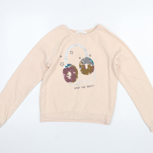 H&M Girls Beige Sequin Music Graphic Pullover Sweatshirt 11-12 Years
