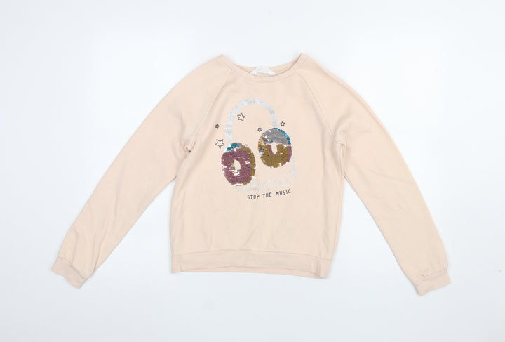 H&M Girls Beige Sequin Music Graphic Pullover Sweatshirt 11-12 Years
