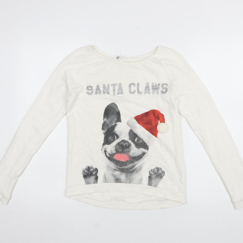H&M Girls White Santa Claws Dog Christmas Sweatshirt Size 14 Years
