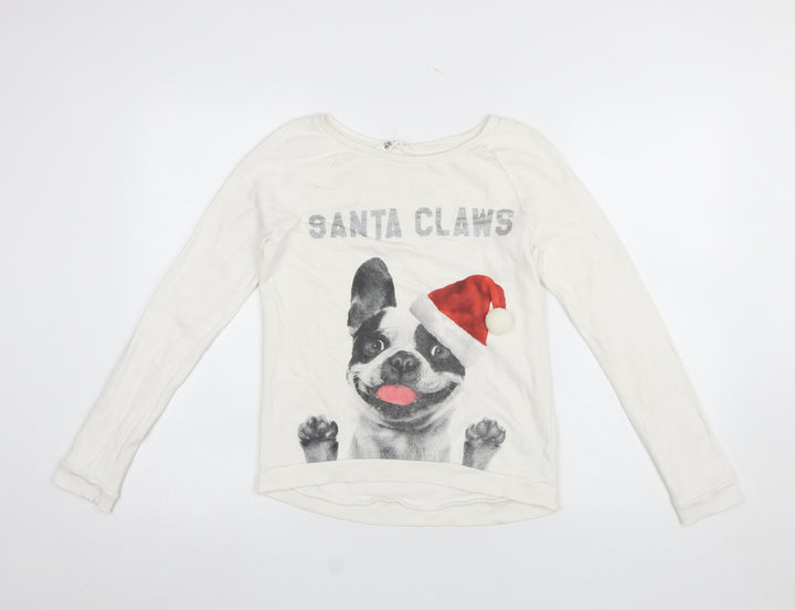 H&M Girls White Santa Claws Dog Christmas Sweatshirt Size 14 Years