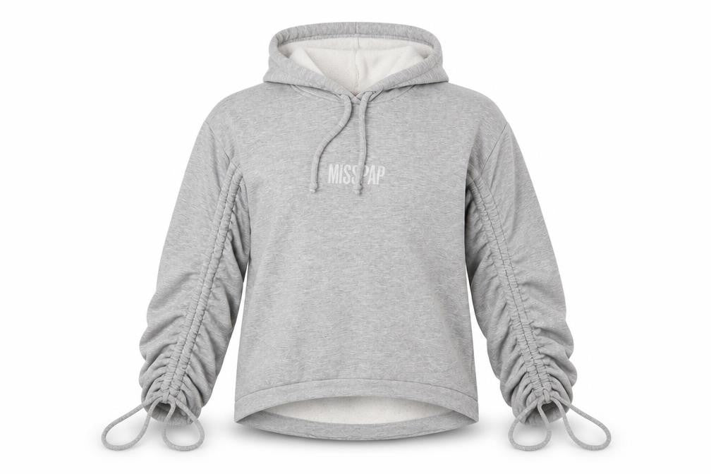 Front view of Misspap Women Grey, size 8, Pullover Hoodie with Ruched Sleeves