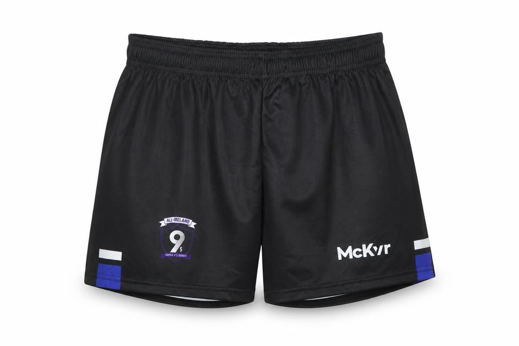 Front view of McKvr boys’ black athletic sports shorts 28in regular fit polyester