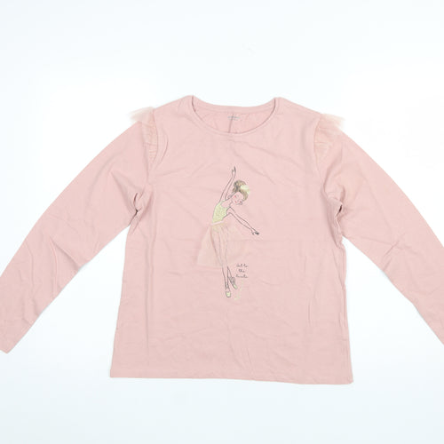 Vertbaudet Girls Pink Long Sleeve Ballerina T-Shirt 14 Years Cotton Ruffle Detail