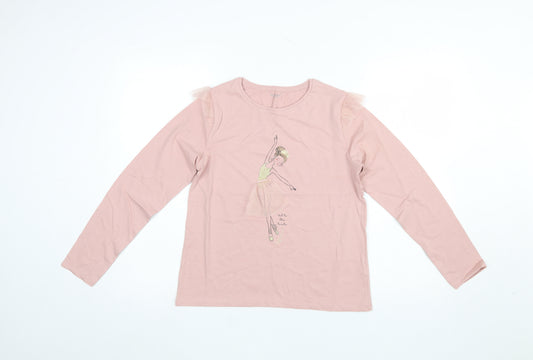 Vertbaudet Girls Pink Long Sleeve Ballerina T-Shirt 14 Years Cotton Ruffle Detail