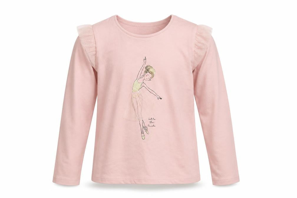 Vertbaudet Girls Pink Long Sleeve Ballerina T-Shirt 14 Years Cotton Ruffle Detail