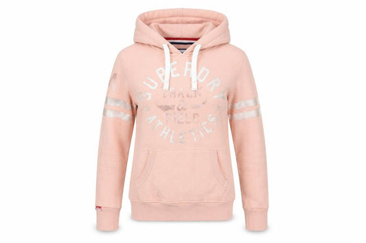 Front view of Superdry Women's Pink Pullover Hoodie UK 10 Track & Field Athletics Logo