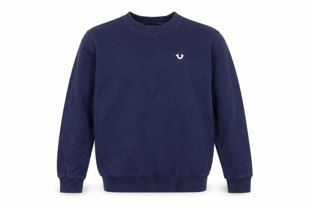 Front view of True Religion men’s blue crew neck cotton sweatshirt, size S