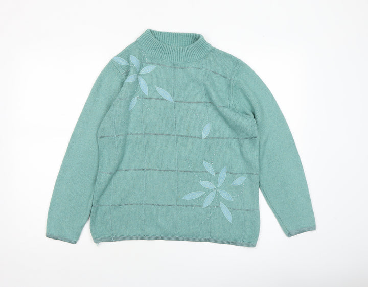 Elizabeth Scott Women's Green Wool Blend Mock Neck Embroidered Pullover Jumper M