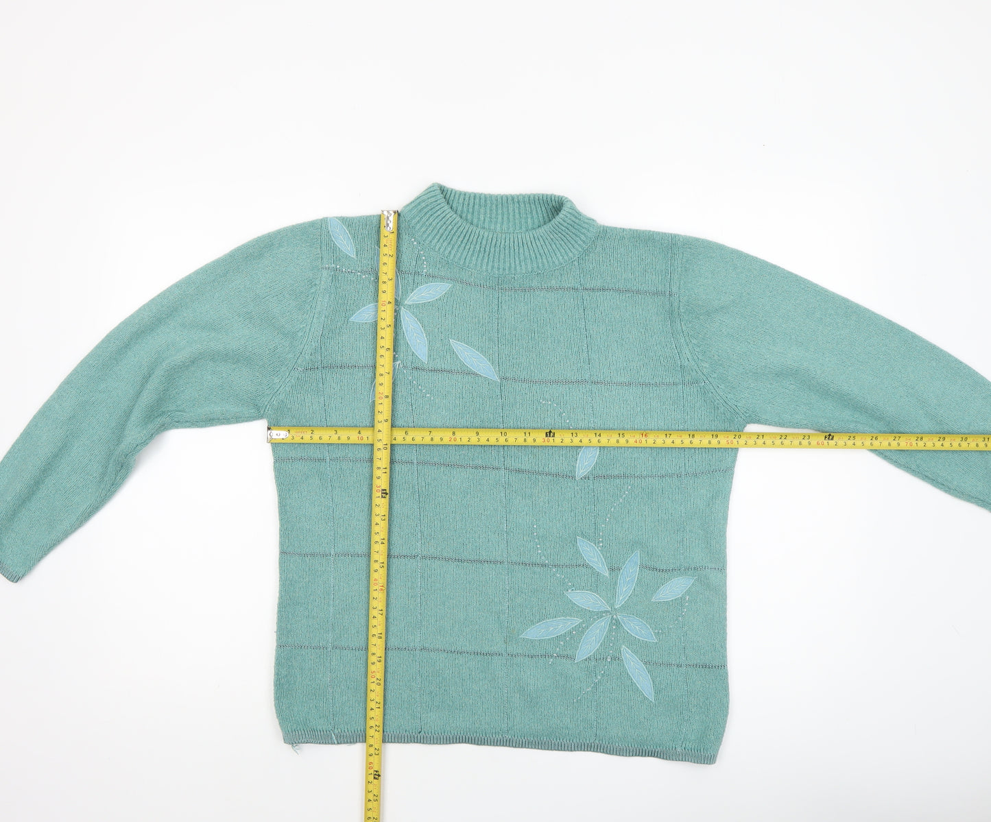 Elizabeth Scott Women's Green Wool Blend Mock Neck Embroidered Pullover Jumper M