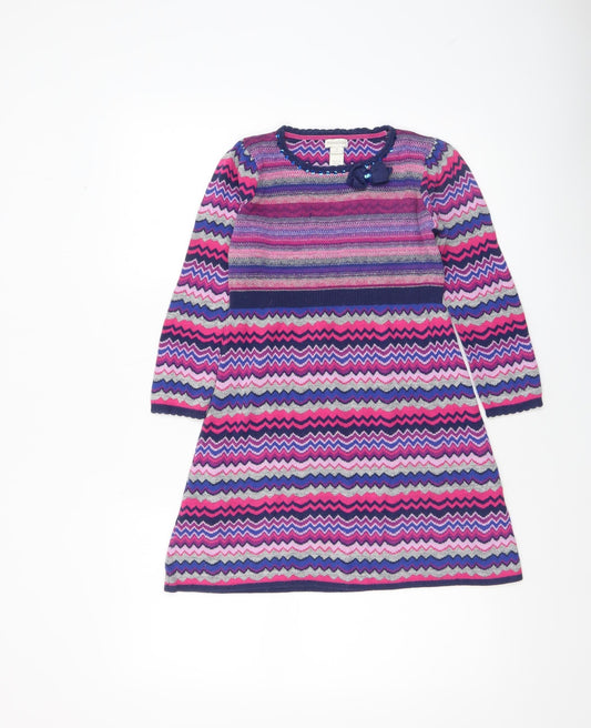 Monsoon Girls Multicoloured Knit A-Line Dress 7-8 Years Long Sleeve Chevron
