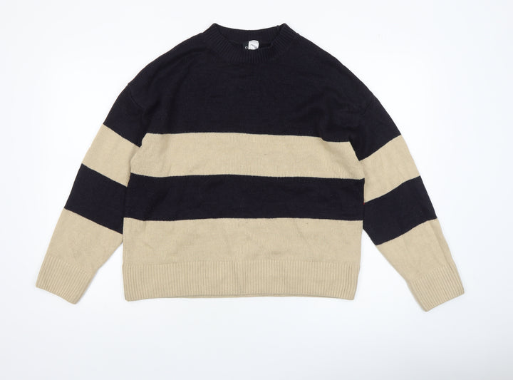 H&M Women’s Beige & Black Striped Crew Neck Pullover Jumper Size 8