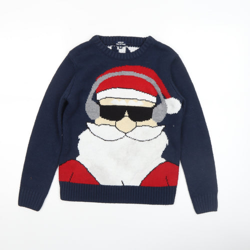 Merry Christmas Boys Navy Blue Acrylic Christmas Jumper Age 10 Santa Design