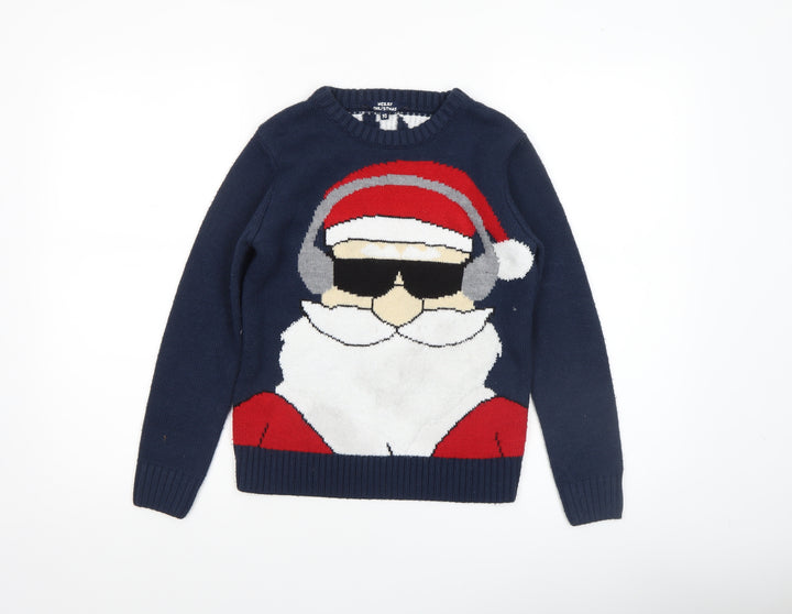 Merry Christmas Boys Navy Blue Acrylic Christmas Jumper Age 10 Santa Design