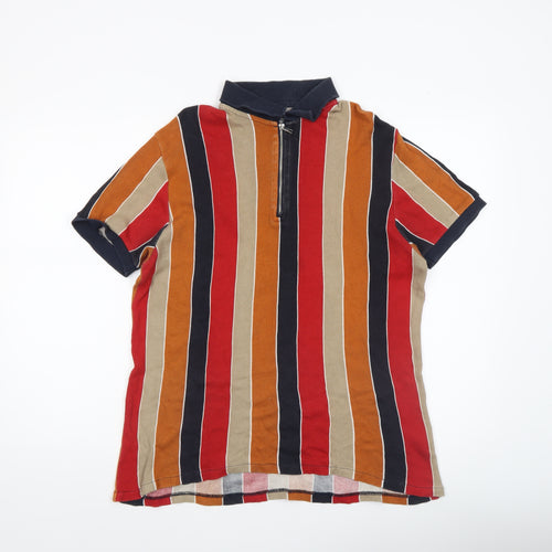 Zara Man Men's Multicoloured Striped Short Sleeve Polo Shirt L