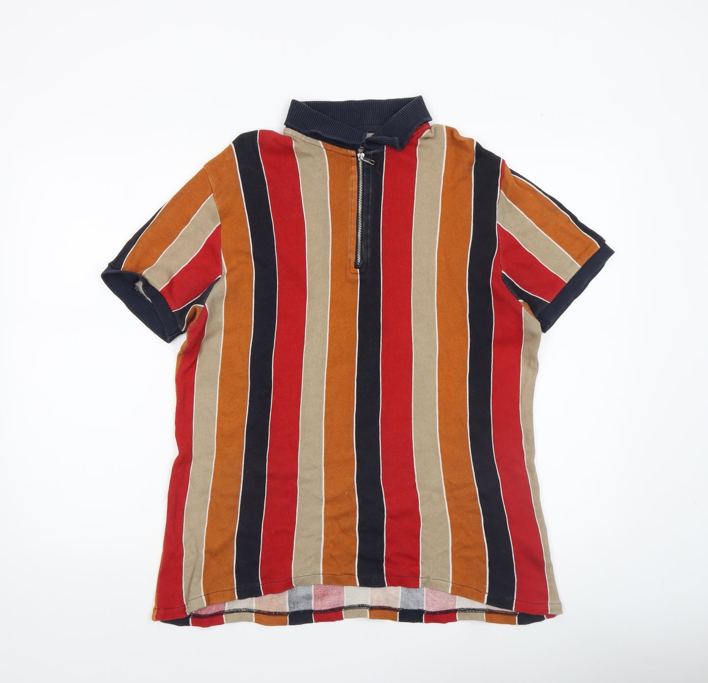 Zara Man Men's Multicoloured Striped Short Sleeve Polo Shirt L