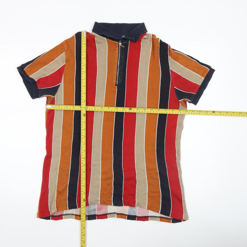 Zara Man Men's Multicoloured Striped Short Sleeve Polo Shirt L