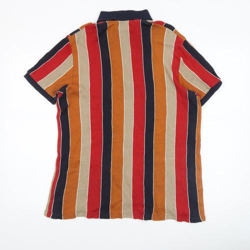 Zara Man Men's Multicoloured Striped Short Sleeve Polo Shirt L