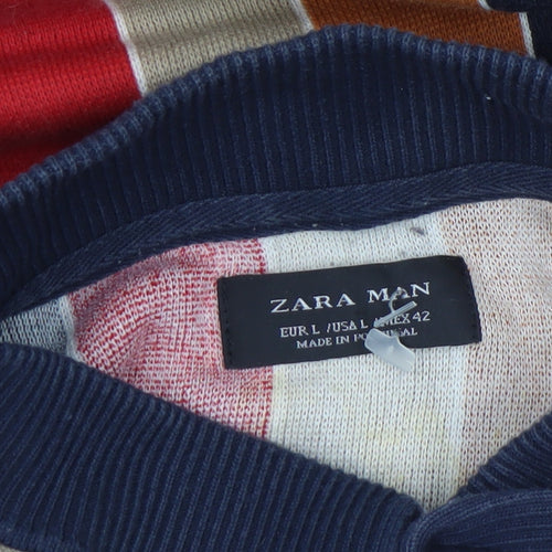 Zara Man Men's Multicoloured Striped Short Sleeve Polo Shirt L