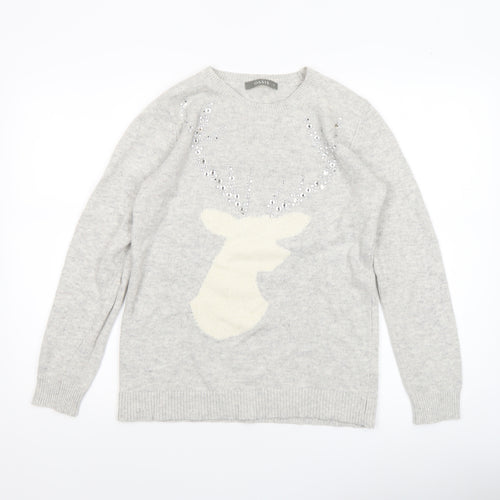 Oasis Women’s Grey Reindeer Sequin Jumper Size M Crew Neck Knitwear