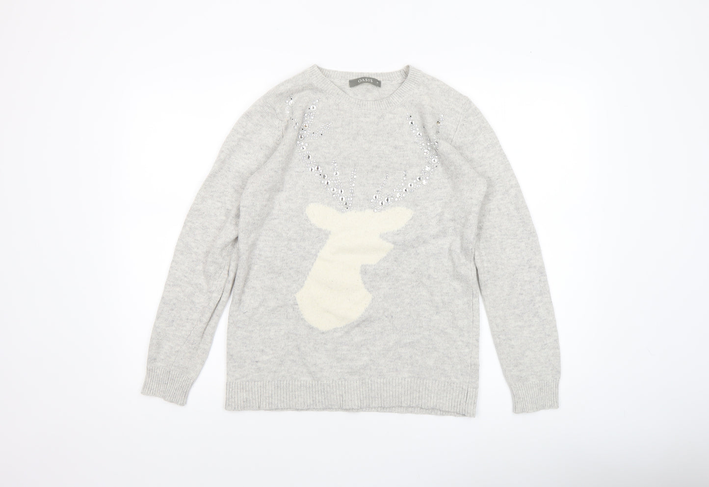 Oasis Women’s Grey Reindeer Sequin Jumper Size M Crew Neck Knitwear