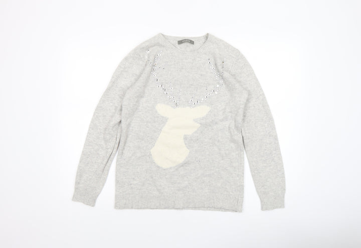 Oasis Women’s Grey Reindeer Sequin Jumper Size M Crew Neck Knitwear