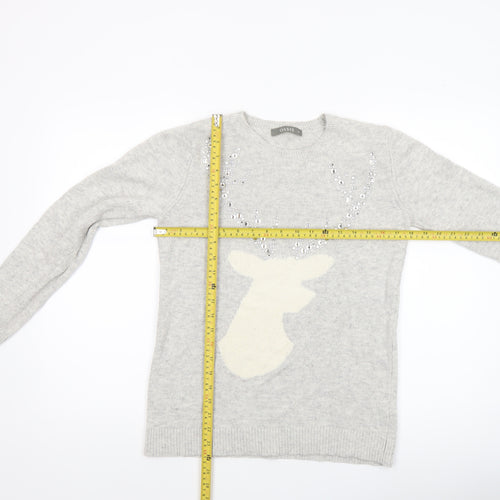 Oasis Women’s Grey Reindeer Sequin Jumper Size M Crew Neck Knitwear
