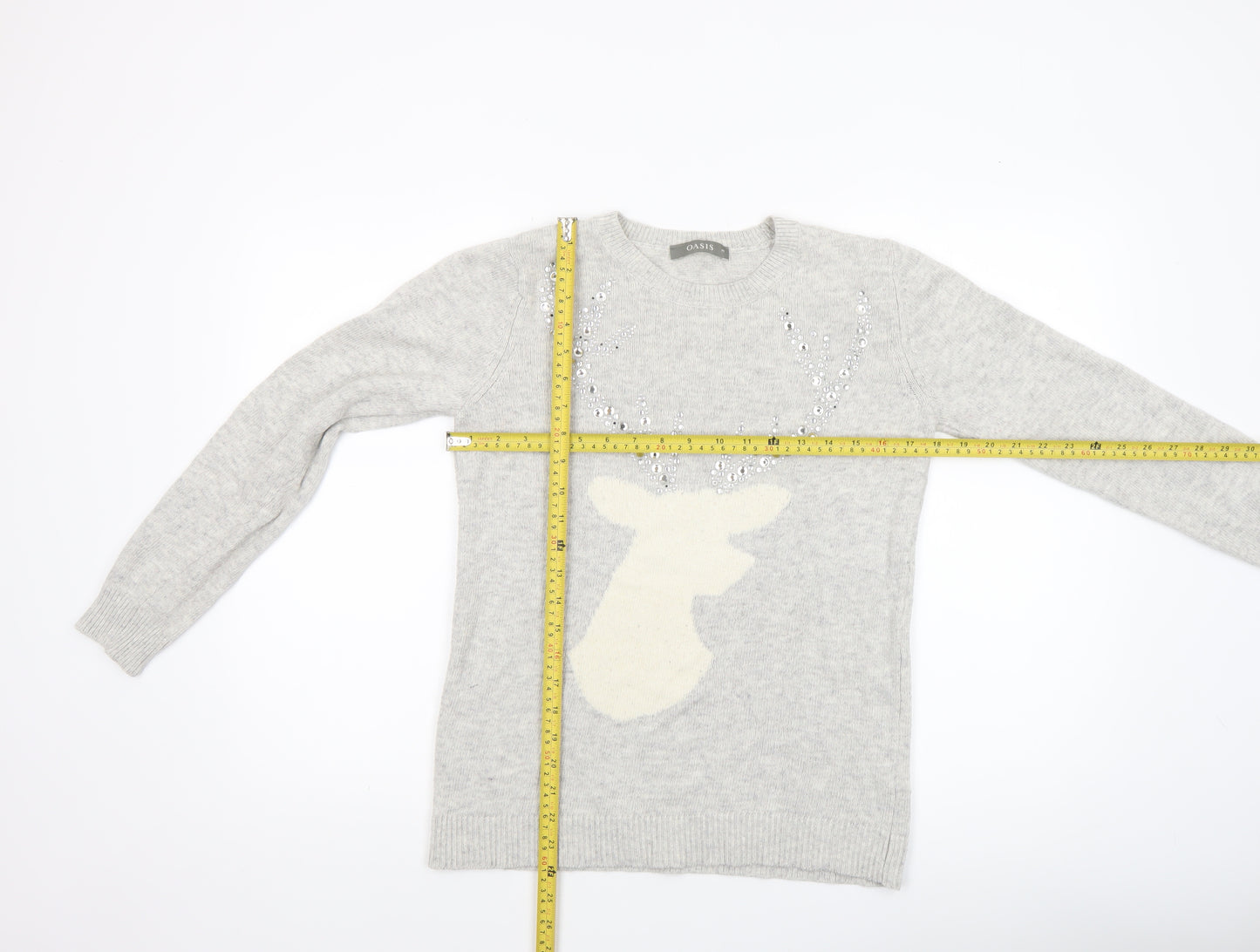 Oasis Women’s Grey Reindeer Sequin Jumper Size M Crew Neck Knitwear