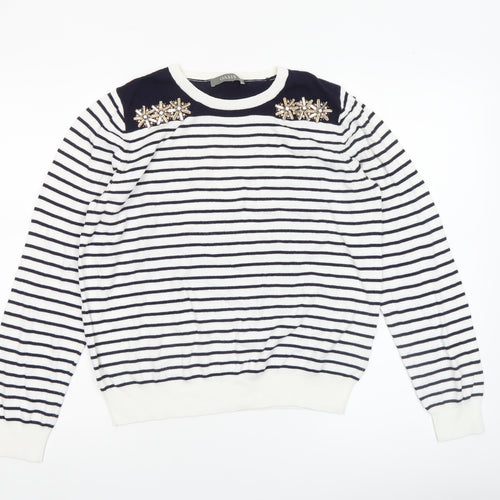 Oasis Women’s White Navy Striped Beaded Crew Neck Jumper Size L