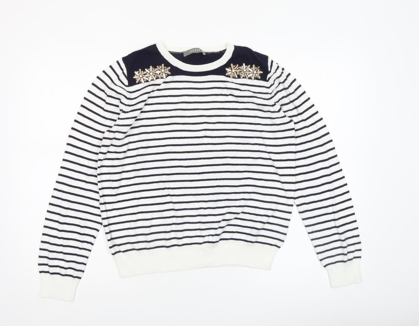 Oasis Women’s White Navy Striped Beaded Crew Neck Jumper Size L