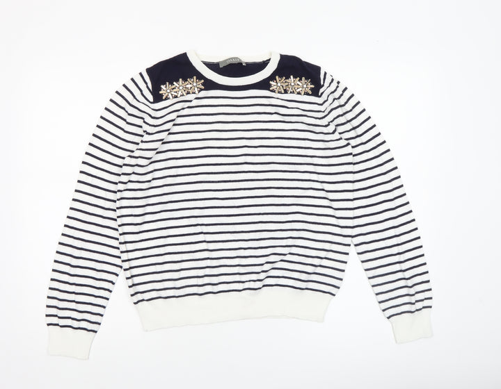 Oasis Women’s White Navy Striped Beaded Crew Neck Jumper Size L