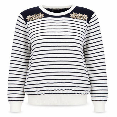 Oasis Women’s White Navy Striped Beaded Crew Neck Jumper Size L