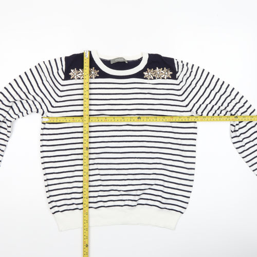 Oasis Women’s White Navy Striped Beaded Crew Neck Jumper Size L