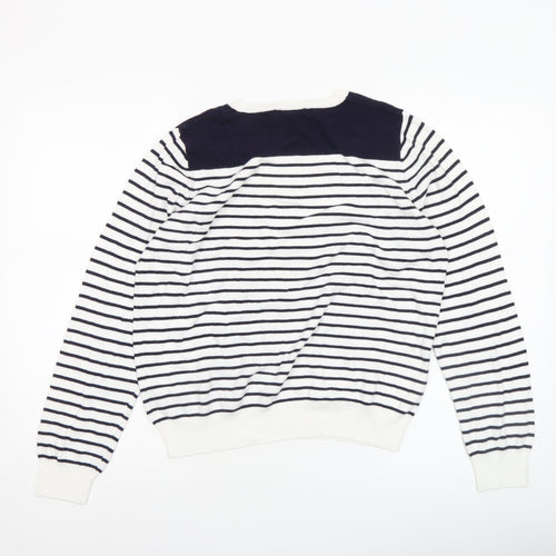 Oasis Women’s White Navy Striped Beaded Crew Neck Jumper Size L