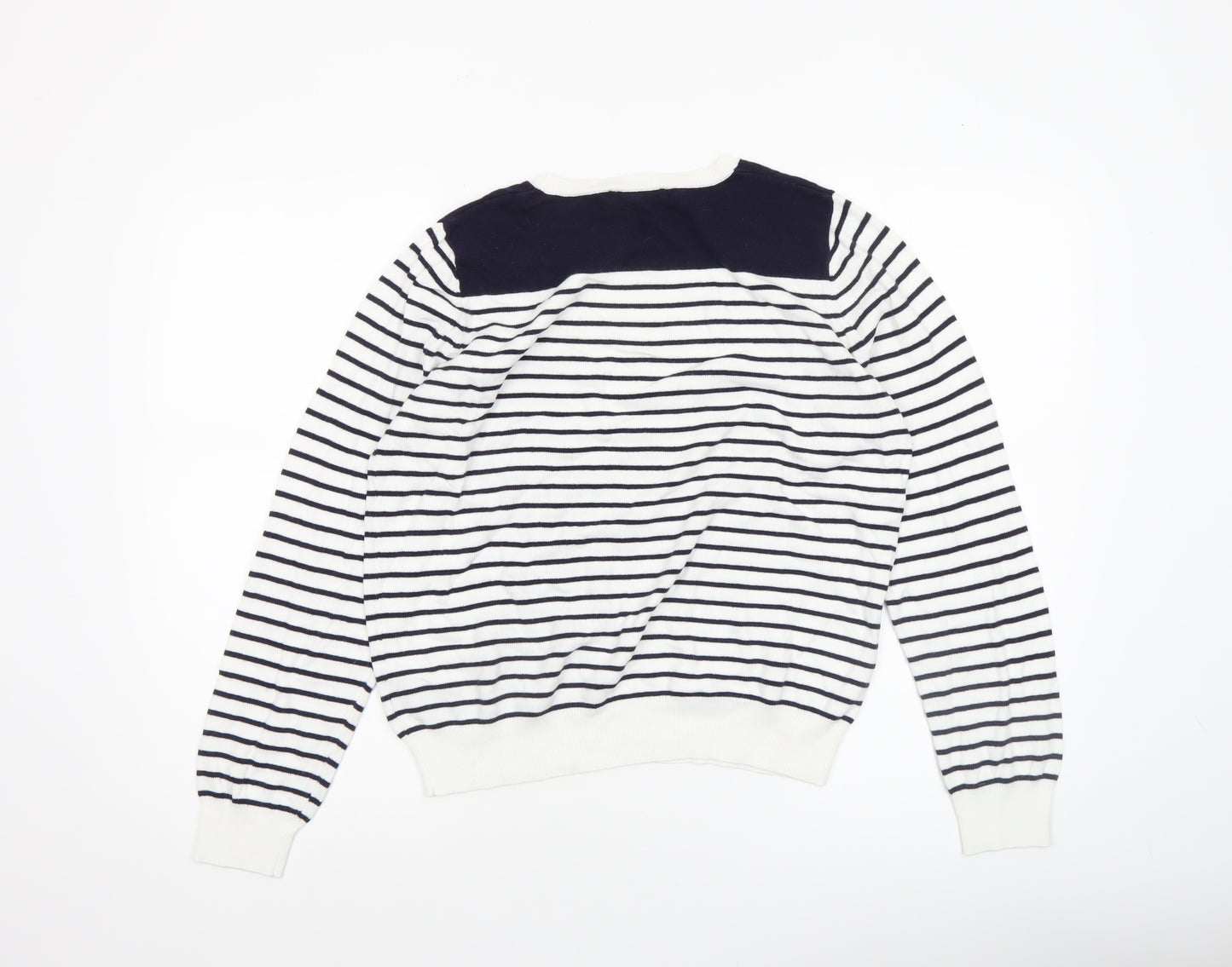 Oasis Women’s White Navy Striped Beaded Crew Neck Jumper Size L