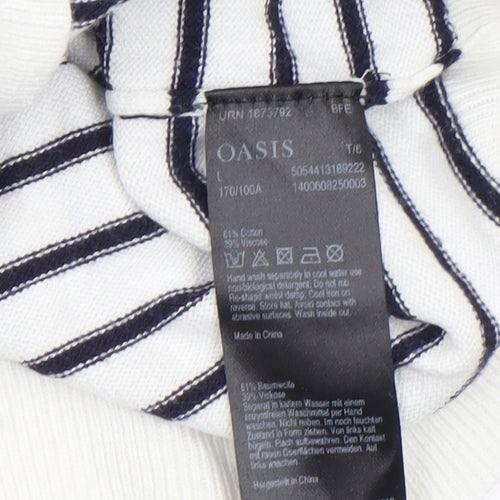 Oasis Women’s White Navy Striped Beaded Crew Neck Jumper Size L