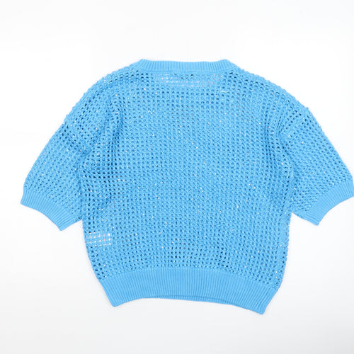 Peacocks Women's Blue Open-Knit Sequin Pullover Jumper Size M