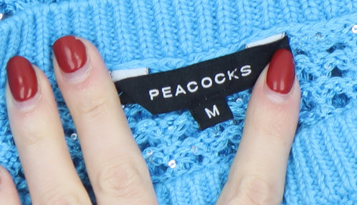 Peacocks Women's Blue Open-Knit Sequin Pullover Jumper Size M