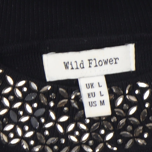 Wild Flower Womens Black Beaded Crew Neck Long Sleeve Pullover Jumper Size L