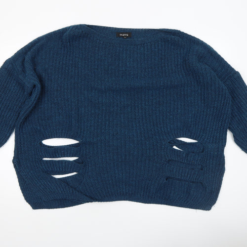 Naanaa Women's Blue Chunky Knit Distressed Pullover Jumper Size S