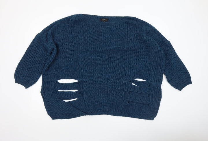 Naanaa Women's Blue Chunky Knit Distressed Pullover Jumper Size S