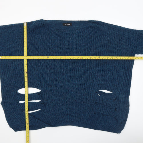 Naanaa Women's Blue Chunky Knit Distressed Pullover Jumper Size S