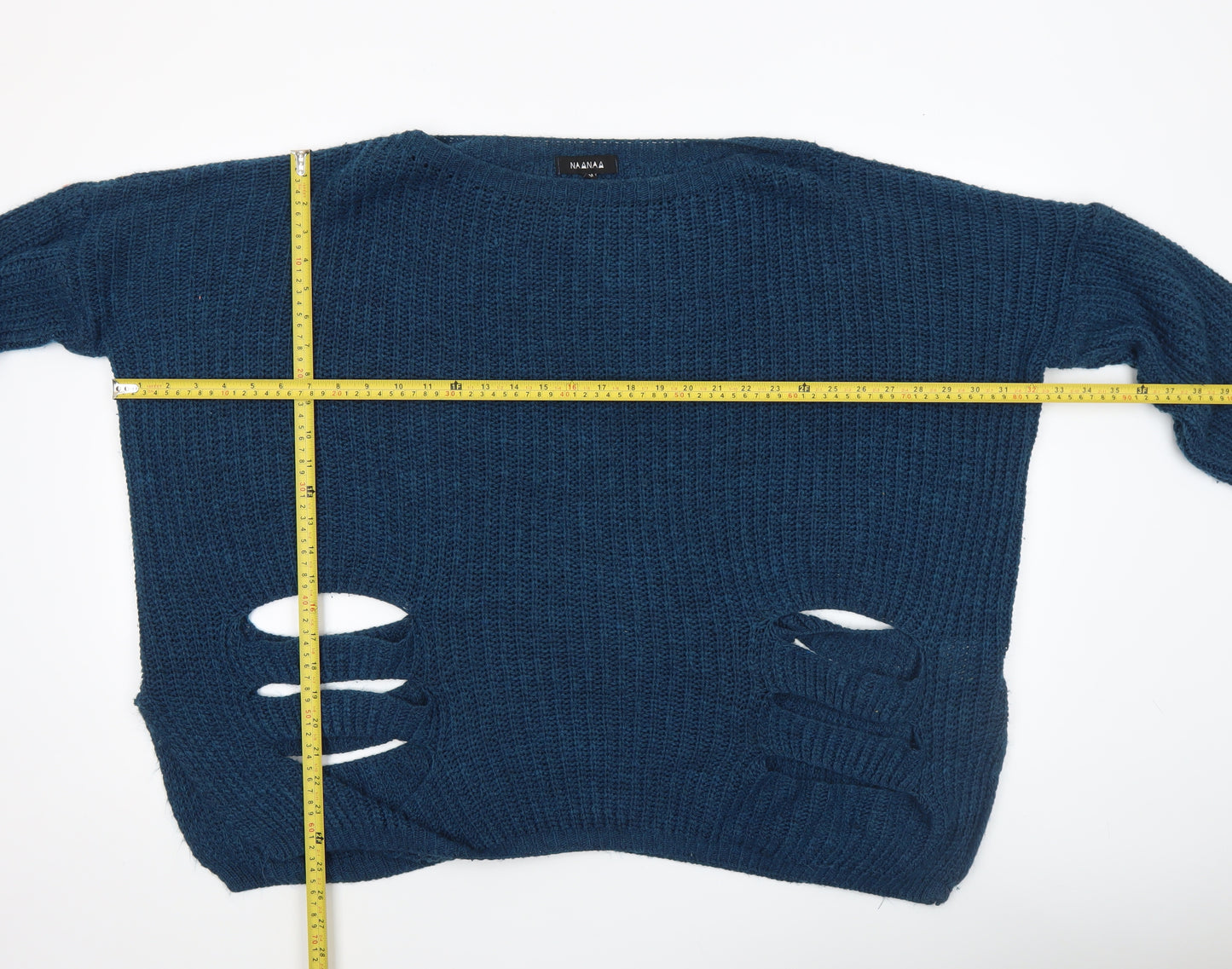 Naanaa Women's Blue Chunky Knit Distressed Pullover Jumper Size S