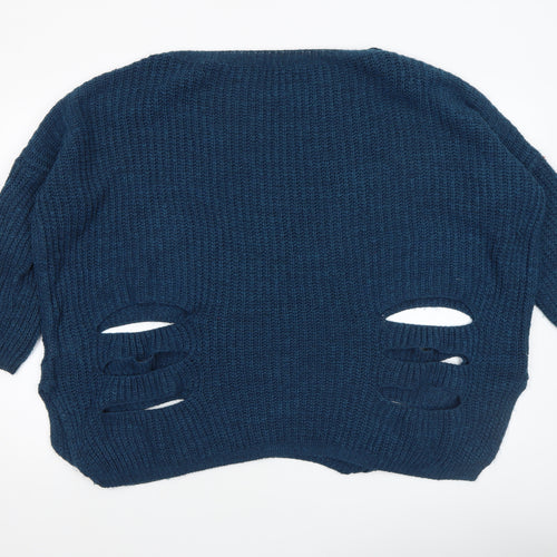Naanaa Women's Blue Chunky Knit Distressed Pullover Jumper Size S