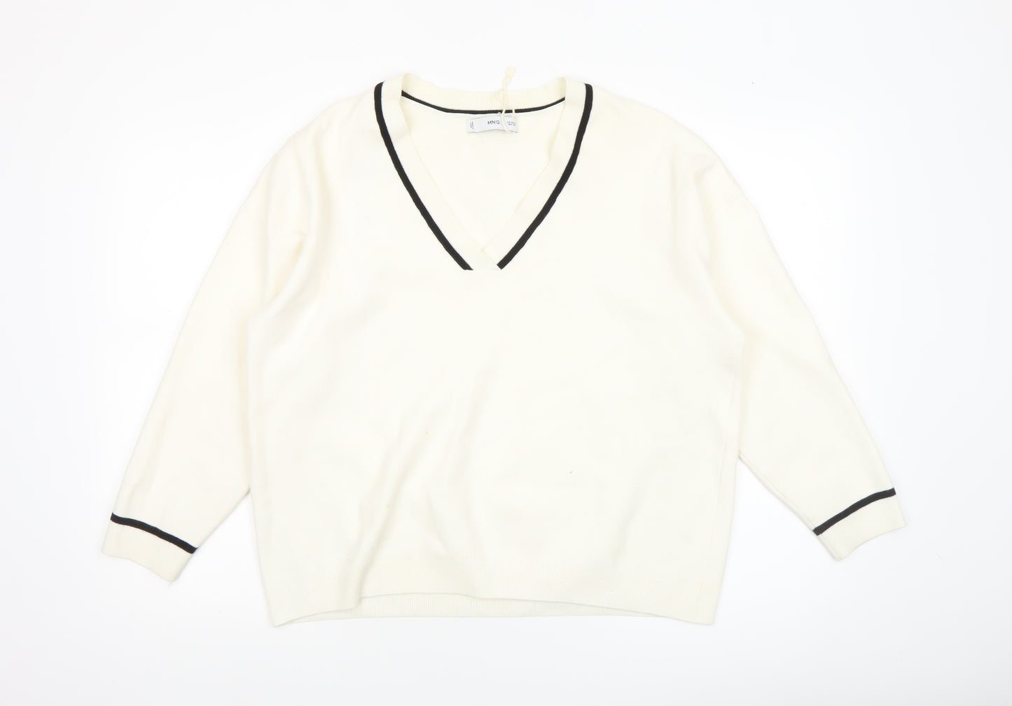 MNG Women's Ivory V-Neck Knit Jumper Size S Classic Style