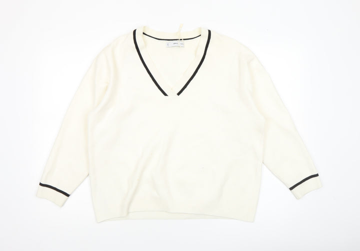 MNG Women's Ivory V-Neck Knit Jumper Size S Classic Style