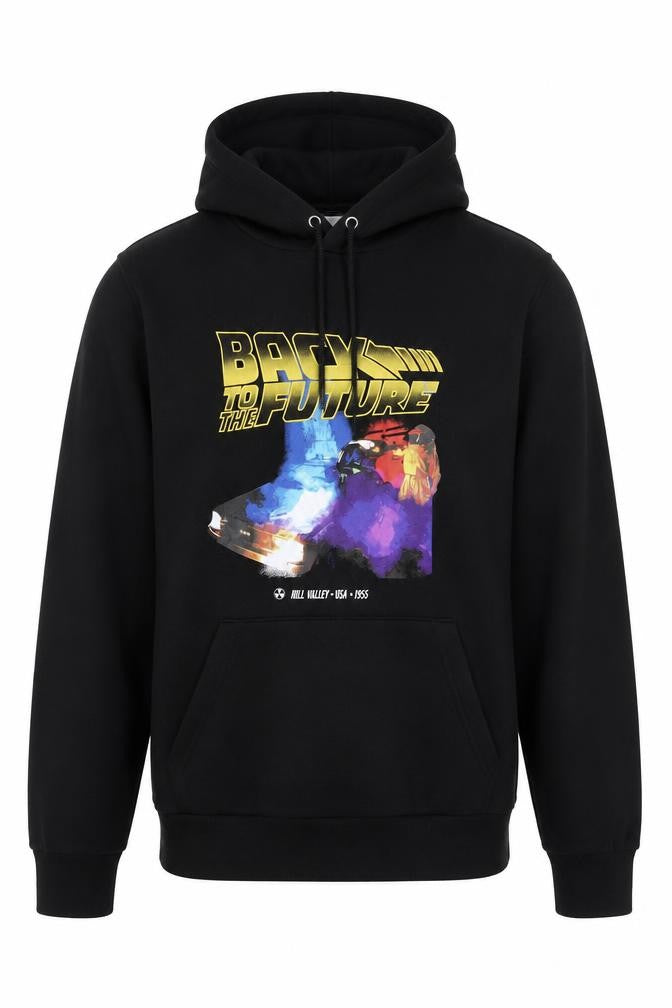 Front view of Back to the Future Men's Black Pullover Hoodie Small Graphic Print