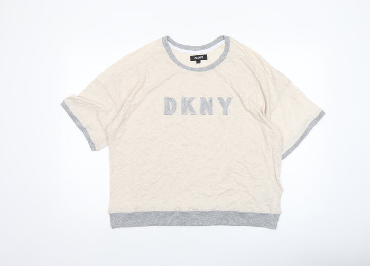DKNY Women’s Beige Grey Trim Logo Short Sleeve Relaxed Fit T-Shirt L