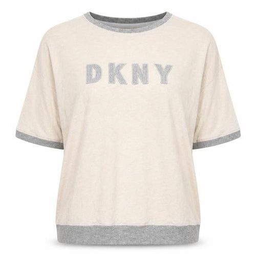 DKNY Women’s Beige Grey Trim Logo Short Sleeve Relaxed Fit T-Shirt L